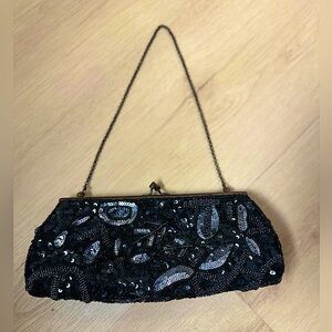 K. C. MALHAN Vintage Beaded Cocktail Clutch Black Purse w/ Silver & Gold Chains